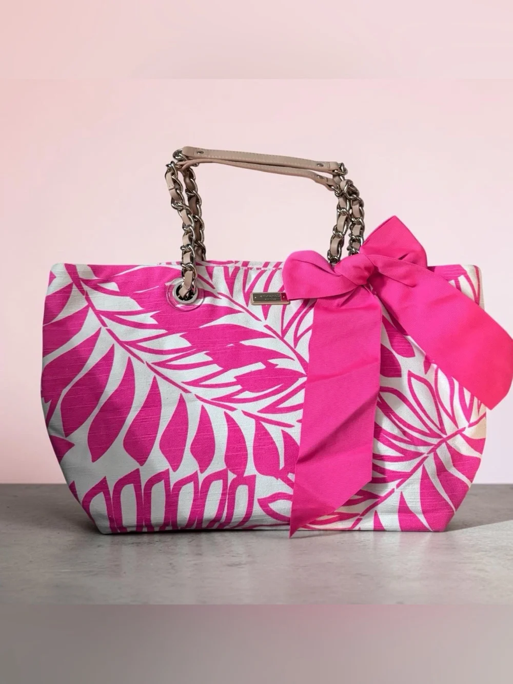 Authentic Kate Spade Pink Tropical Palm Leaf Tote Bag with Chain Straps and Bow